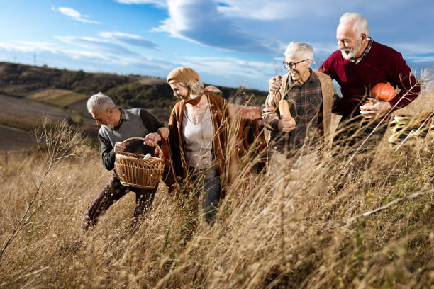 istock Happy mature couples going on a picnic in autumn day. 1186886764