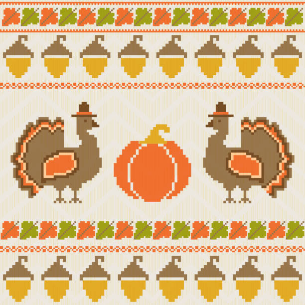 Thanksgiving pattern Embroidered Thanksgiving pattern. Turkey, pumpkins, acorns and autumn leaves. Template for seasonal design in folk style. For greeting card, banner, poster and other knitted pumpkin stock illustrations