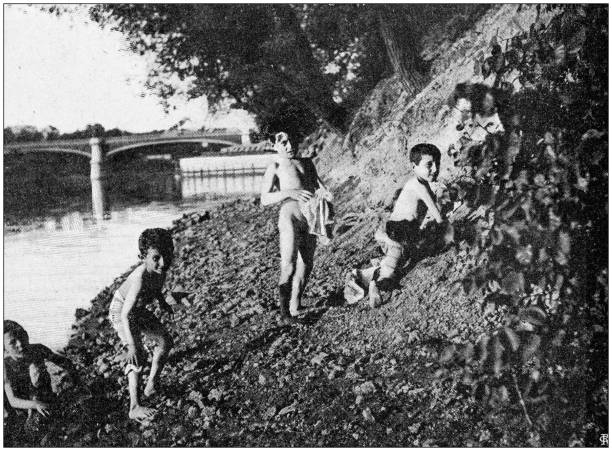 Antique photo: Diving and swimming into canal Saint Martin