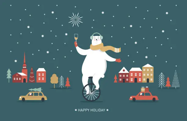 Vector illustration of Greeting card. Seasons greetings. Christmas  and New Year's cards design. Christmas Card, Seasons greetings, Polar bear is going by monocycle