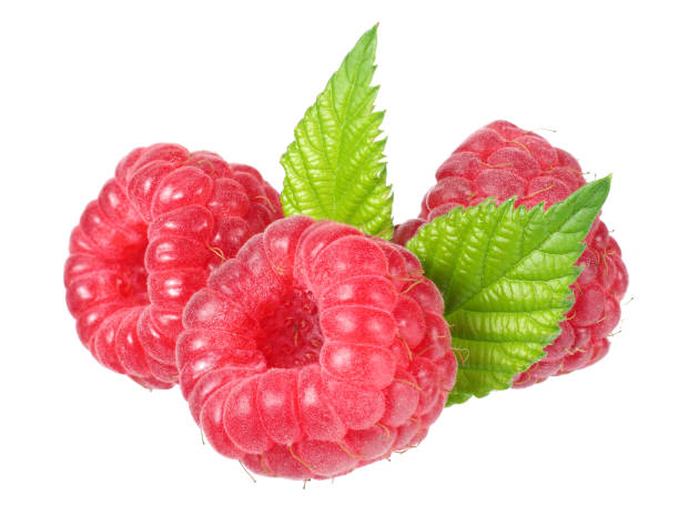 istock ripe raspberries with green leaf isolated on white background 1186891516