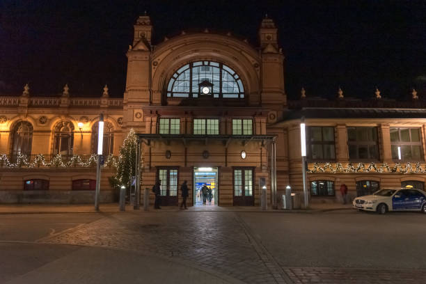 30 november 2018 train station in Schwerin Germany Europe with people and a taxi outside