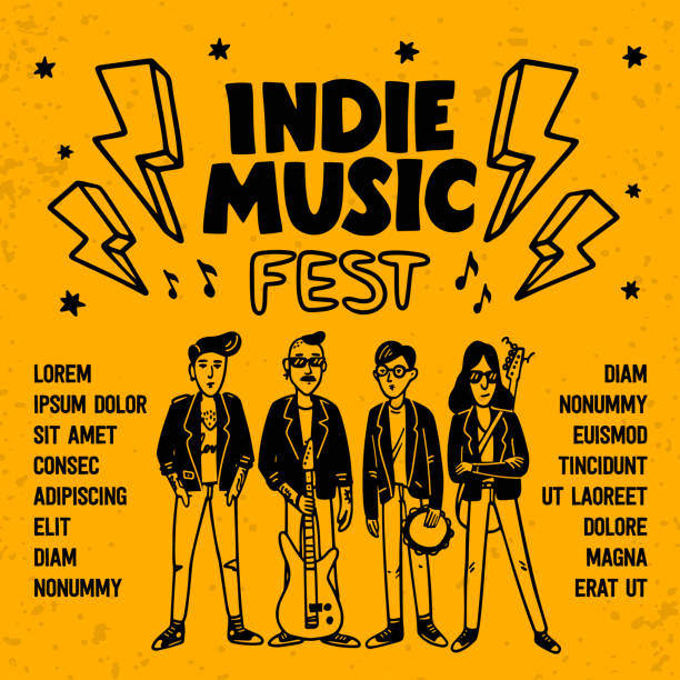 plakat lub szablon festiwalu muzyki indie. ilustracja muzyków i indie rock fest napis na żółtym tle. szablon banera, karty, plakatu. wektor. - indie rock stock illustrations