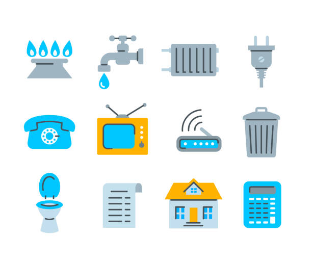ilustraciones, imágenes clip art, dibujos animados e iconos de stock de iconos planos de la factura de pago de servicios públicos de los servicios domésticos - water drop