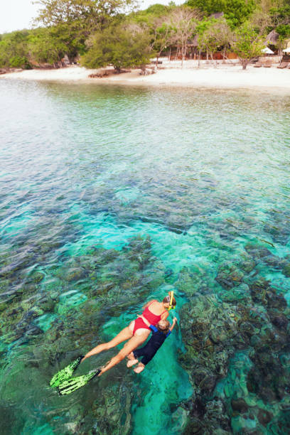 Mother, kid in snorkeling mask dive underwater with tropical fishes Happy family - mother, kid in snorkeling mask dive underwater, explore tropical fishes in coral reef sea pool. Travel active lifestyle, beach adventure, swimming activity on summer holiday with child. scuba diving family stock pictures, royalty-free photos & images