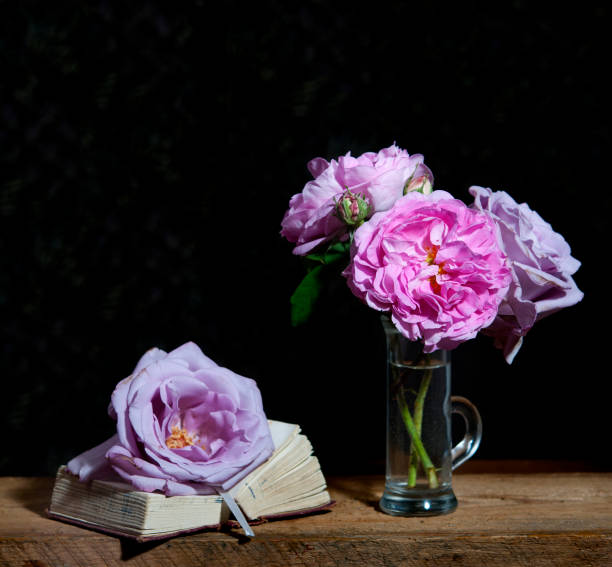 istock vintage still life with roses and old open book 1186894690