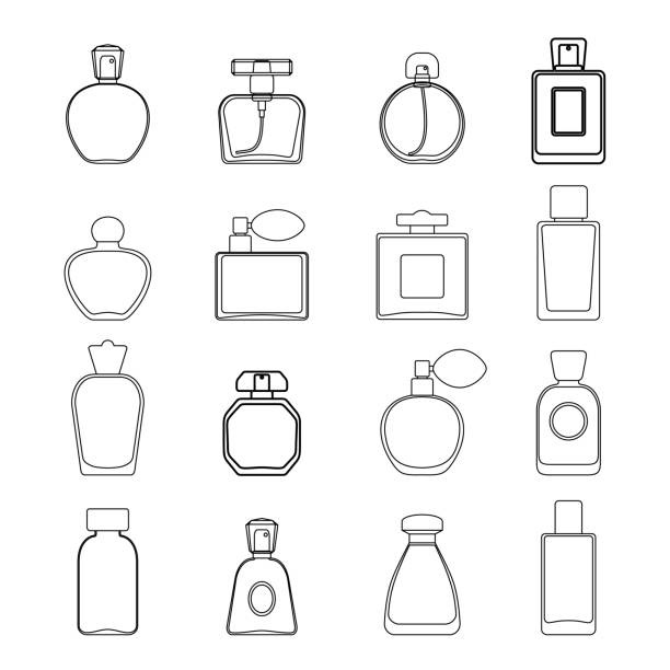 illustrazioni stock, clip art, cartoni animati e icone di tendenza di icona di vector perfume impostata in stile line art isolato su sfondo bianco. - spray per profumo