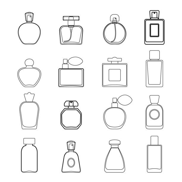 ilustrações, clipart, desenhos animados e ícones de ícone do perfume do vetor ajustado no estilo da arte da linha isolado no fundo branco. - borrifador de perfume