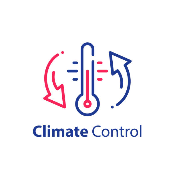 Climate control system, change temperature, air conditioning, cooling or heating Climate control system, change temperature, air conditioning, cooling or heating, refrigerator storage, vector line icon temperature control stock illustrations