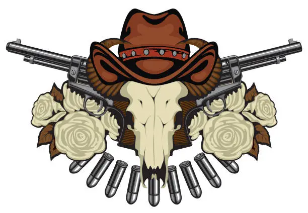 Vector illustration of banner with two revolvers, skull in hat and roses