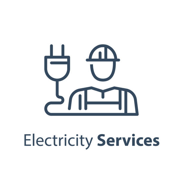 Electrician and plug, electricity services, professional occupation Electrician and plug, electricity services, professional occupation, maintenance engineer, vector line icon electrician stock illustrations