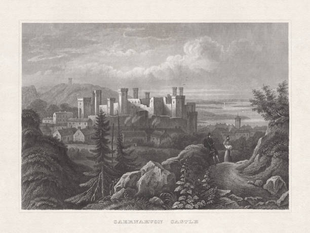카나번 성, 웨일즈, 강철 조각, 1857 년에 출판 - caenarvon castle caernarfon castle wales stock illustrations