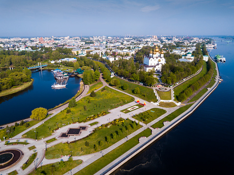 Aerial view of Assumption Cathedral on bank of Volga River and famous Strelka park in Russian city of Yaroslavl