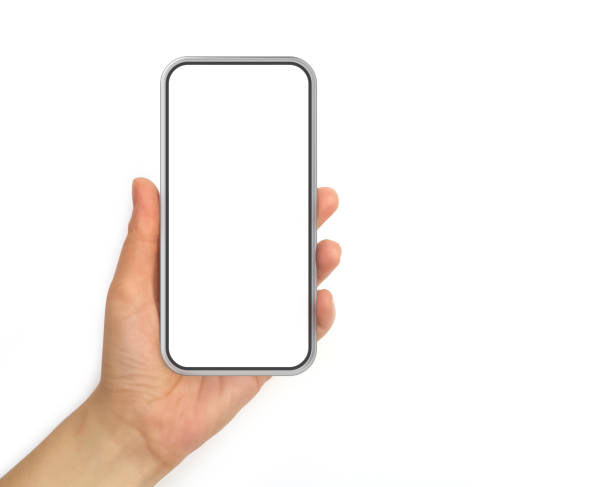 téléphone portable de fixation de main avec l'écran blanc. isolé sur le fond blanc. - left handed photos et images de collection