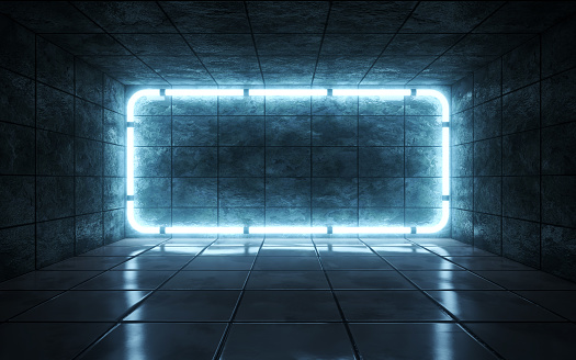 Dark abstract room with tiles and neon lights. 3d rendering