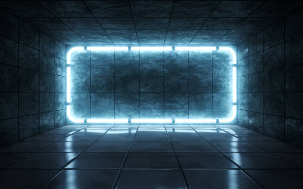 Dark abstract room with tiles and neon lights. 3d rendering stock photo