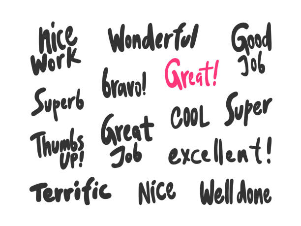 Nice work, wonderful, great, job, nice, well, done, super, thumbs, up, superb, excellent. Sticker for social media content. Vector hand drawn illustration design. Bubble pop art comic style poster, t shirt print, post card, video blog cover speechless quotes stock illustrations