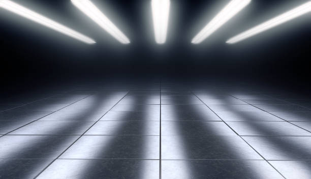 istock Dark empty room with reflective tiles floor and lights. 3d rendering 1186900859