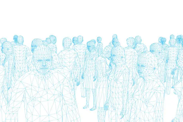 Vector illustration of Wireframe of many people from blue lines on a white background. Polygonal crowd of people. Vector illustration