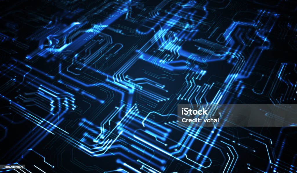 Quantum computing concept. Abstract glowing electronic circuit. Quantum computing concept. Abstract glowing electronic circuit. 3D rendered illustration. Technology Stock Photo