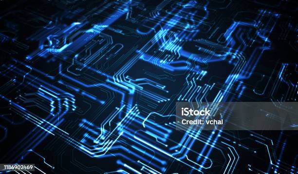 Quantum Computing Concept Abstract Glowing Electronic Circuit Stock Photo - Download Image Now
