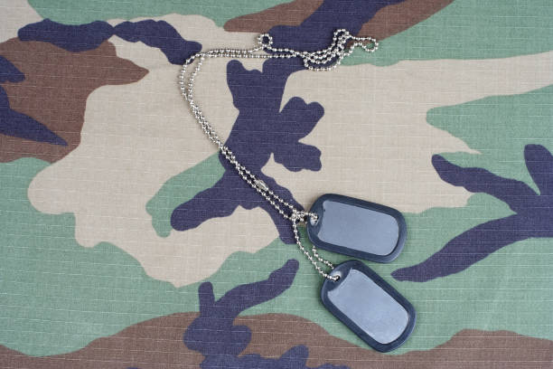 istock US flag patch with dog tags on woodland camouflage uniform 1186902586