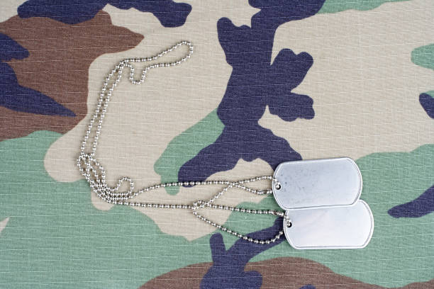 istock US flag patch with dog tags on woodland camouflage uniform 1186903693