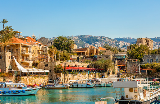 Mediterranean Jbeil port lagoon with anchored fishing boats, Biblos, Lebanon