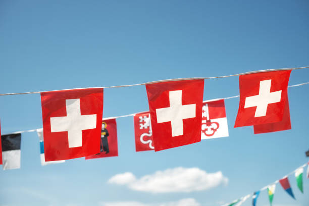 istock swiss flags hanging on national holiday on august 1st 1186906007