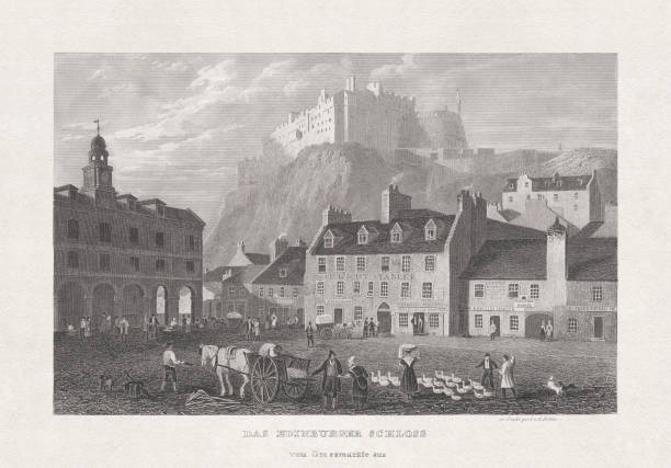 ilustrações, clipart, desenhos animados e ícones de vista histórica do castelo de edimburgo, scotland, gravura de aço, publicada 1857 - castle rock