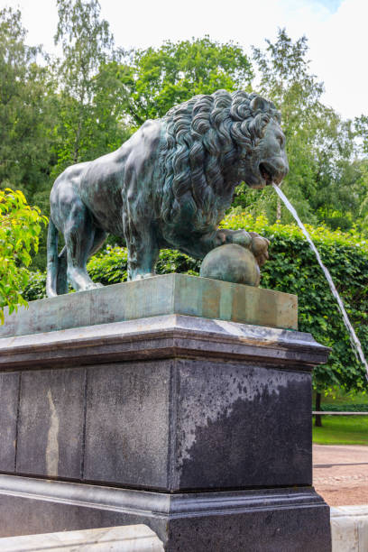 brązowa statua lwa. fragment fontanny kaskada lwa w dolnym parku peterhof w petersburgu, rosja - macro column marble luxury zdjęcia i obrazy z banku zdjęć