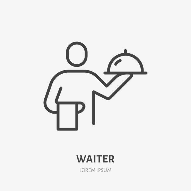 Waiter line icon, vector pictogram of hotel room service. Catering, food serving illustration, restaurant sign Waiter line icon, vector pictogram of hotel room service. Catering, food serving illustration, restaurant sign. butler stock illustrations