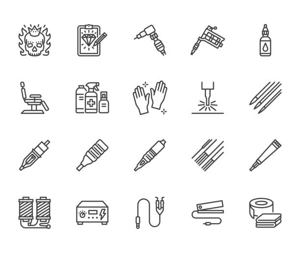 Tattoo, piercing equipment flat line icons set. Tattoo machine, needle, paint, sketch, skull, laser removal vector illustrations. Outline signs for studio. Pixel perfect 64x64. Editable Strokes Tattoo, piercing equipment flat line icons set. Tattoo machine, needle, paint, sketch, skull, laser removal vector illustrations. Outline signs for studio. Pixel perfect 64x64. Editable Strokes. tattoo icons stock illustrations
