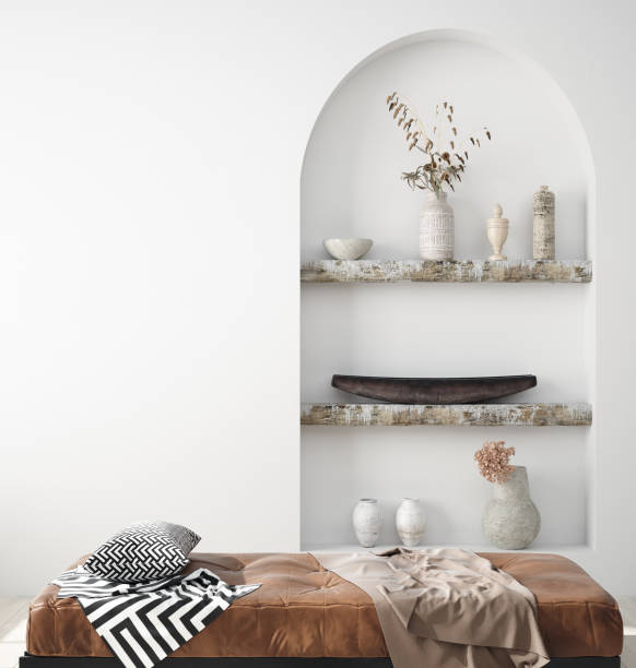 wall mock up in scandi-boho home interior with retro brown leather furniture - armchair sofa leather brown imagens e fotografias de stock