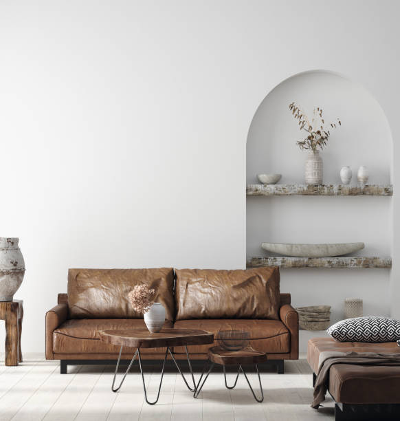 wall mock up in scandi-boho home interior with retro brown leather furniture - armchair sofa leather brown imagens e fotografias de stock