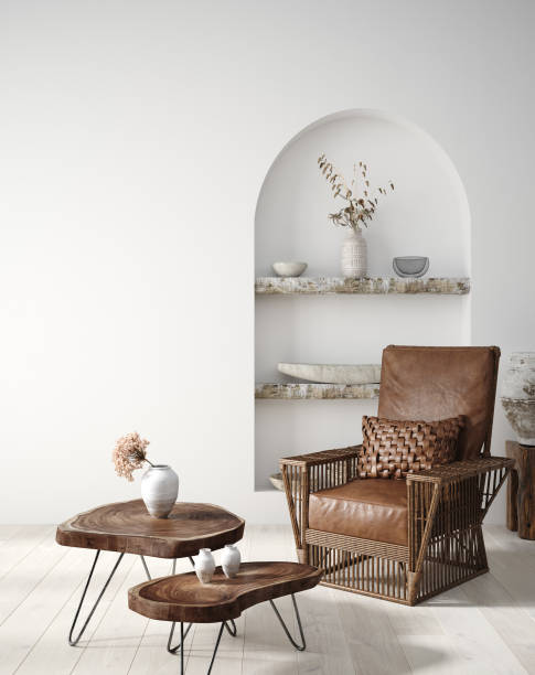 wall mock up in scandi-boho home interior with retro brown leather furniture - armchair sofa leather brown imagens e fotografias de stock