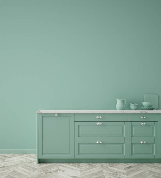 Kitchen in neo mint color, wall poster mock up Kitchen in neo mint color, wall poster mock up, 3d render monochrome house stock pictures, royalty-free photos & images
