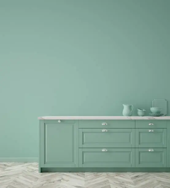 Kitchen in neo mint color, wall poster mock up, 3d render