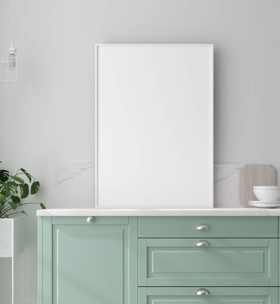 istock Kitchen in neo mint color, wall poster mock up 1186911137