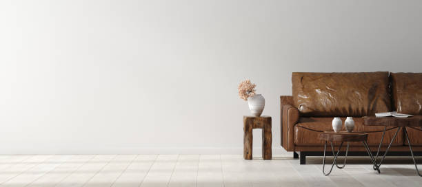 wall mock up in scandi-boho home interior with retro brown leather furniture - armchair sofa leather brown imagens e fotografias de stock