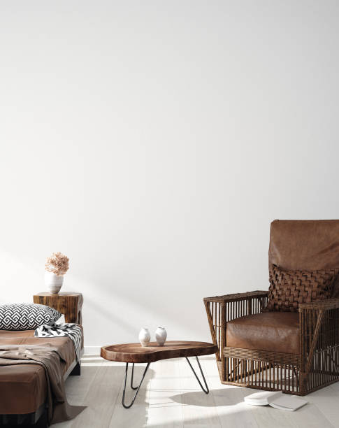 wall mock up in scandi-boho home interior with retro brown leather furniture - armchair sofa leather brown imagens e fotografias de stock