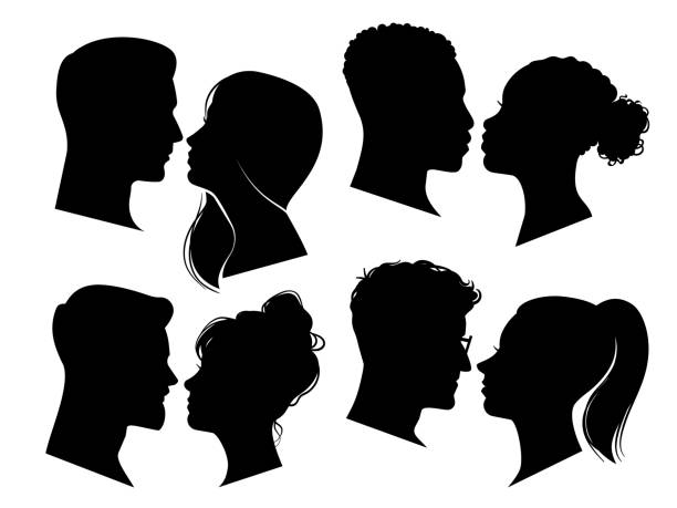 ilustrações de stock, clip art, desenhos animados e ícones de couple heads in profile. man and woman silhouettes, black outline face to face anonymous profiles. avatar portraits vector set - family african ethnicity black african descent