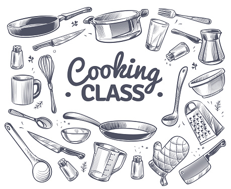 Cooking class. Sketch kitchen tool, kitchenware. Soup pan, knife and fork, spoon and grater chef utensils doodle vector gastronomy culinary dish text emblem concept