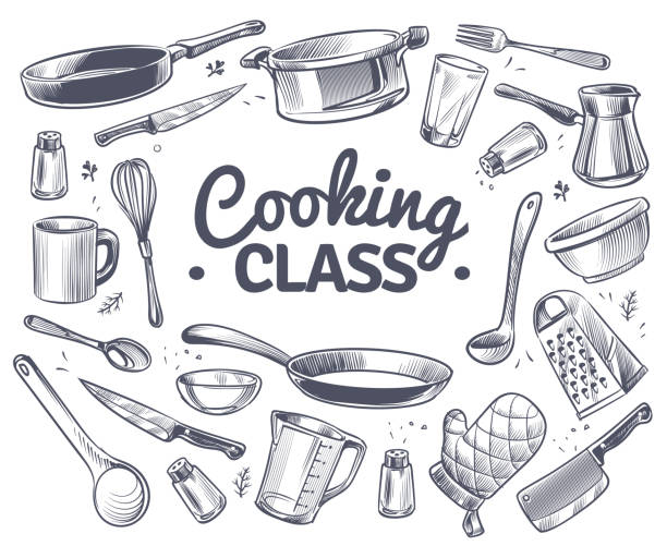 Cooking class. Sketch kitchen tool, kitchenware. Soup pan, knife and fork, spoon and grater chef utensils doodle vector gastronomy concept Cooking class. Sketch kitchen tool, kitchenware. Soup pan, knife and fork, spoon and grater chef utensils doodle vector gastronomy culinary dish text emblem concept hand drawing background stock illustrations