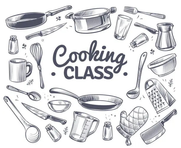 Vector illustration of Cooking class. Sketch kitchen tool, kitchenware. Soup pan, knife and fork, spoon and grater chef utensils doodle vector gastronomy concept