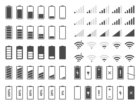 Signal and battery icons. Network signal strength and telephone charge level. Battery status, wifi internet wireless loading vector system power timely completion sign set