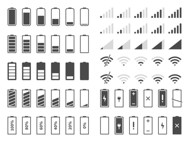 信號和電池圖示。網路信號強度和電話充電水準。電池狀態，wifi互聯網無線載入向量集 - 電池 插圖 幅插畫檔、美工圖案、卡通及圖標
