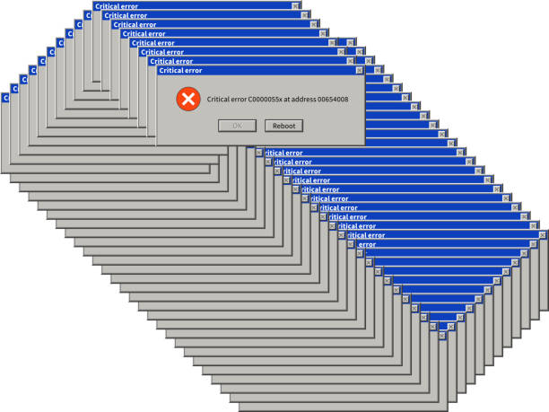 Alert dialog windows. System failure dialog box popup, retro error message, information warning notification, computer virus vector concept Alert dialog windows. System failure dialog box popup, retro error message, information warning notification, computer virus vector many user problem sign concept error message stock illustrations