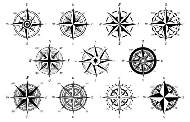 Wind rose. Marine wind roses, compass nautical navigation sailing symbols, geographic map antique vintage elements and tattoo vector icons Wind rose. Marine wind roses, compass nautical navigation sailing symbols, geographic map antique vintage elements and tattoo vector science isolated star direction icons vintage map icons stock illustrations