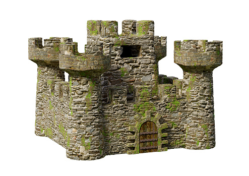 Medieval fortress feudal castle with towers for surveillance isolated over white background. 3D rendering